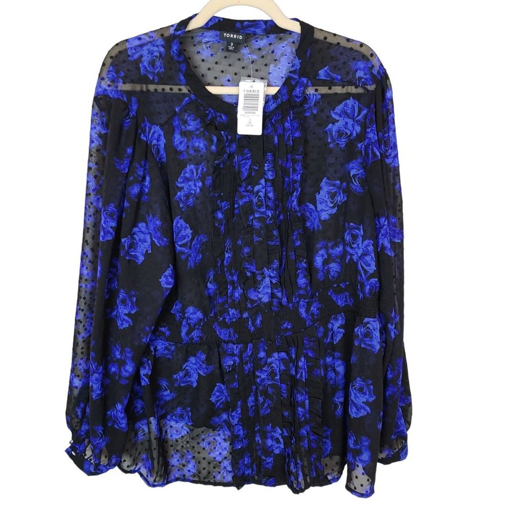 Torrid Womens 3X Black Blue Floral Chiffon Clip Dot Ruffle Front Blouse NWT